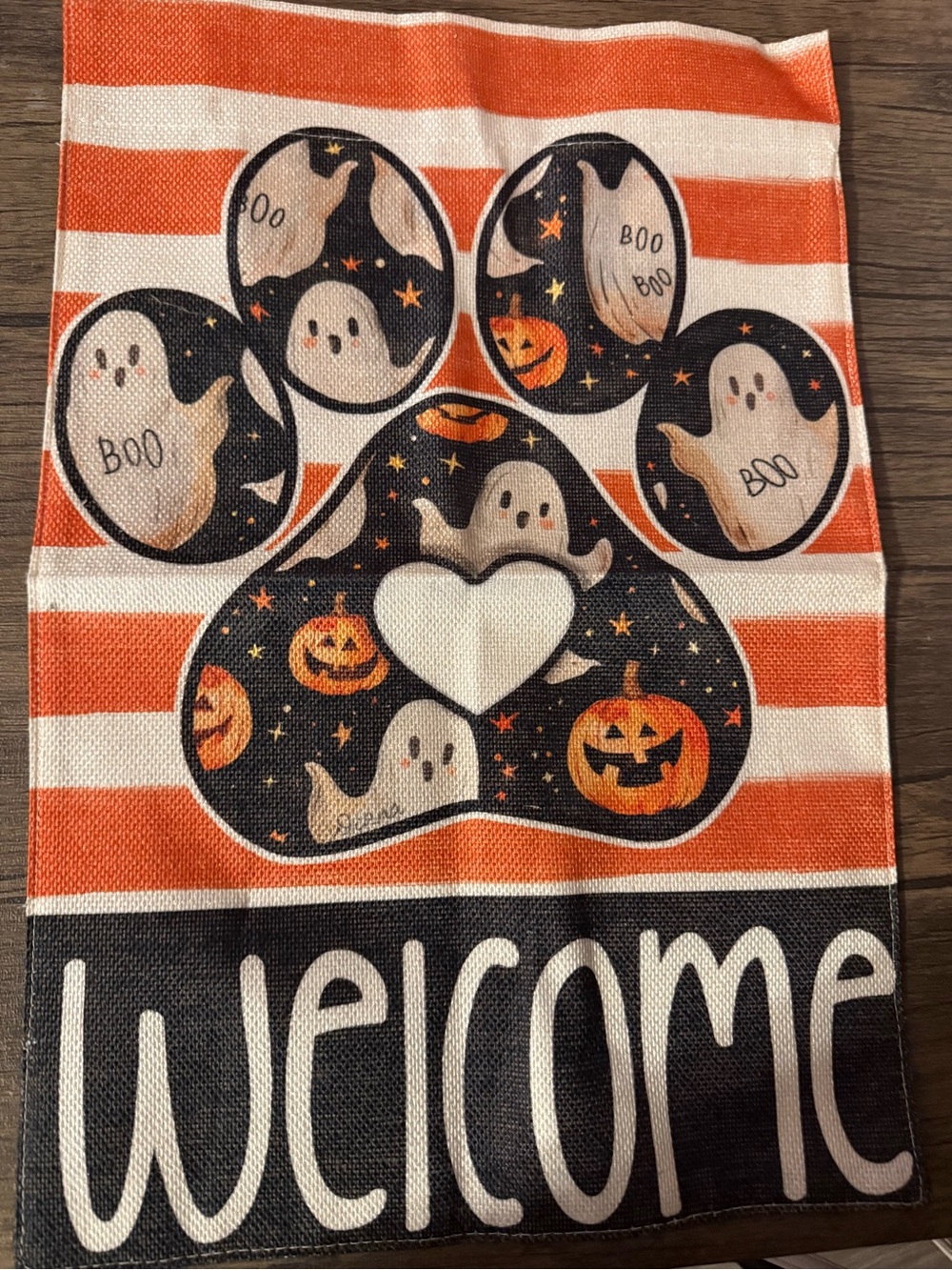 Halloween Ghost Paw Welcome Flag - Orange & Black